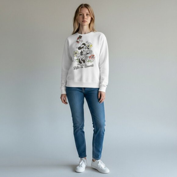 Disney Minnie Mouse Sweatshirt White Life Is Sweet Size XL Women's New with Tag - Picture 1 of 2